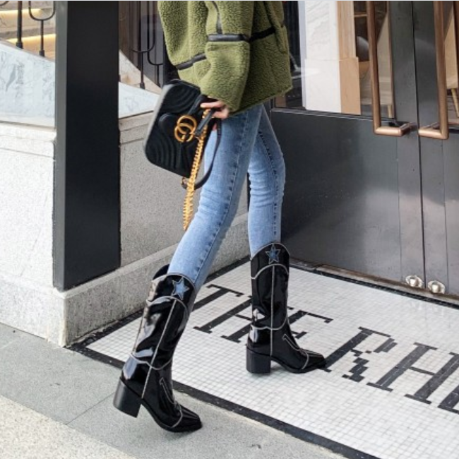 Fashion Leather Square Toe Star Chunky Heel Calf Boots