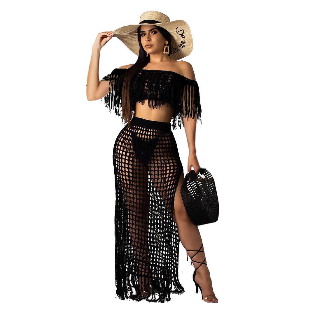 Tassel Off Shoulder Crop Top Irregular MAXI Skirt Set