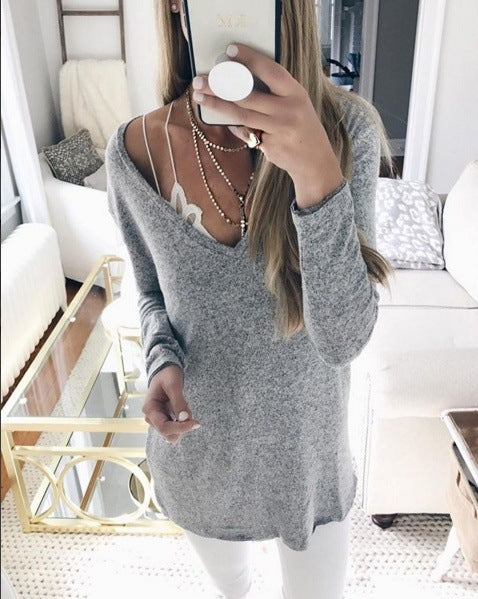 Candy Solid Color V-neck Casual Loose Women Pullover Sweater