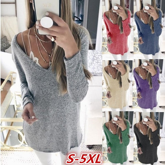 Candy Solid Color V-neck Casual Loose Women Pullover Sweater