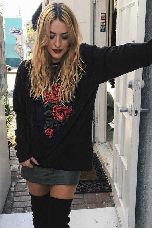 Flower Embroidery Long Solid Color Sweatshirt