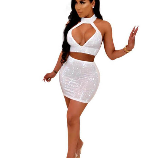 Hollow High Neck Crop Top Short Skirt Set