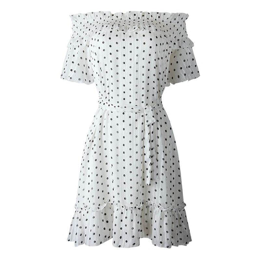 Polka Dots Off Shoulder Cotton A Line Dress