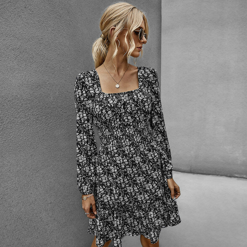 Square Neck Floral A Line Dress