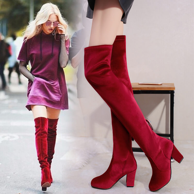 Over Knee Block High Heel Suede Boot