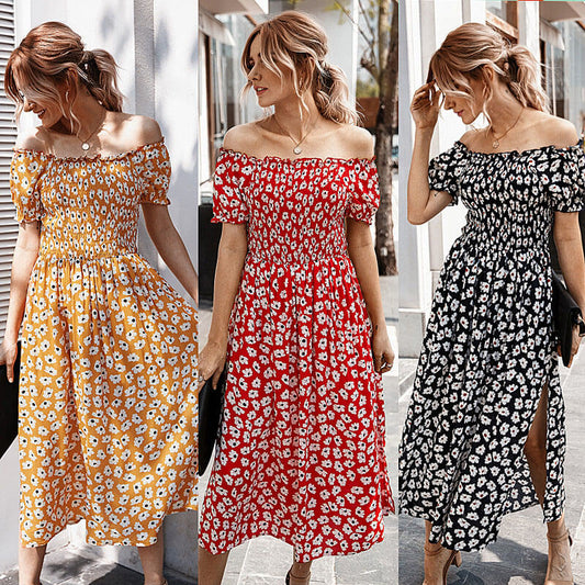 Off Shoulder Floral Smocking Long Dress