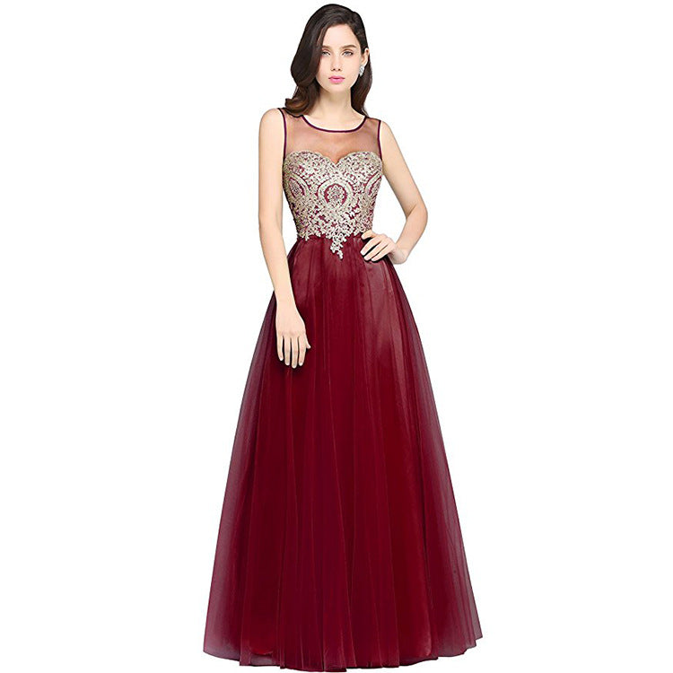 Mesh Transparent Applique Pleated Long Party Dress