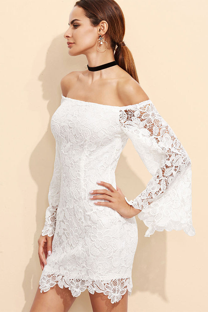 Off Shoulder Long Trumpet Sleeves Short Lace Dress