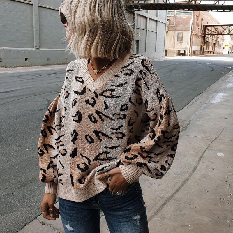 V Neck Colorblock Leopard Sweater