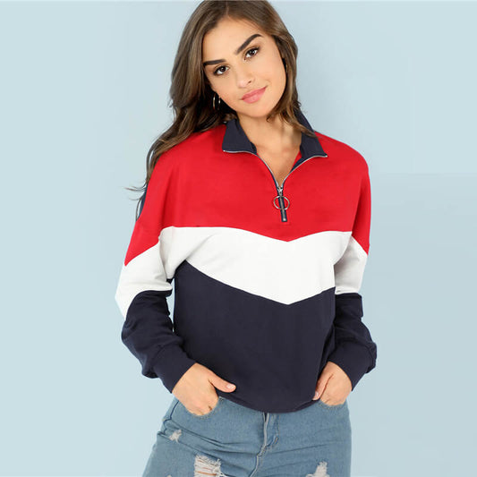 Zipper Up Colorblock Loose Hoodie