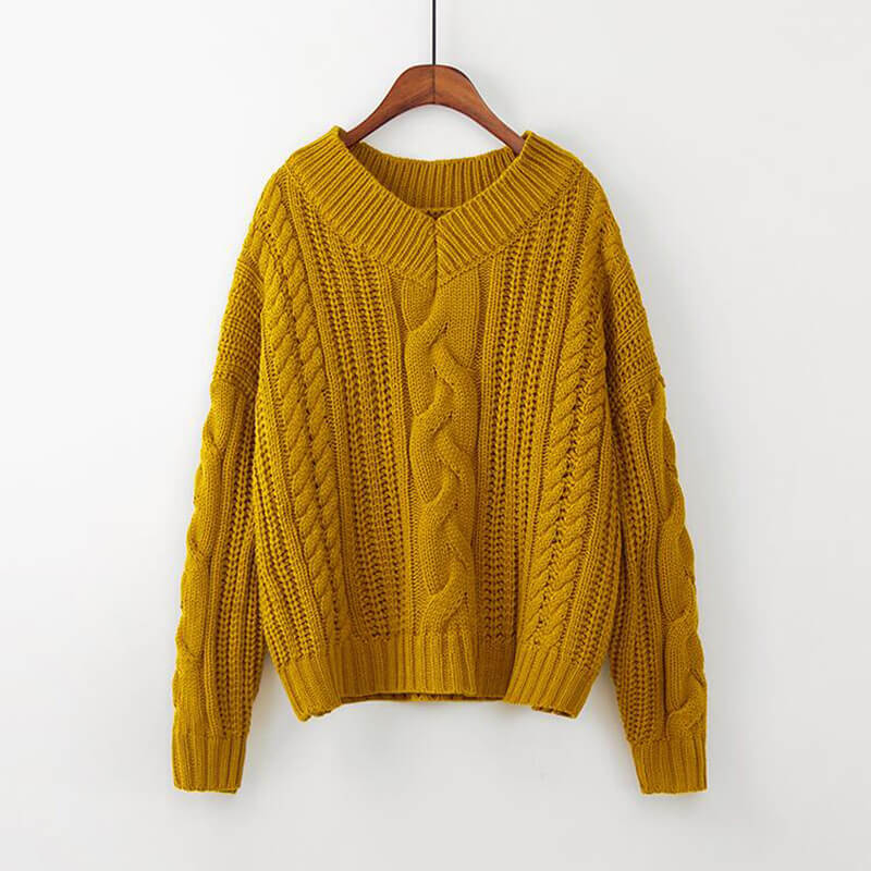 Loose V Neck Cable Knitted Sweater