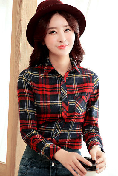 Long Sleeves Slim Plaid Turn-down Collar Flower Print Blouse