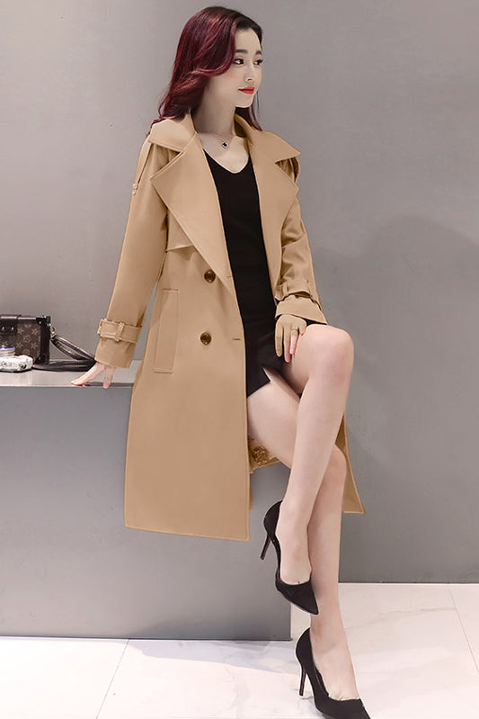 Simple Style Pure Color Lapel Belt Slim Long Coat