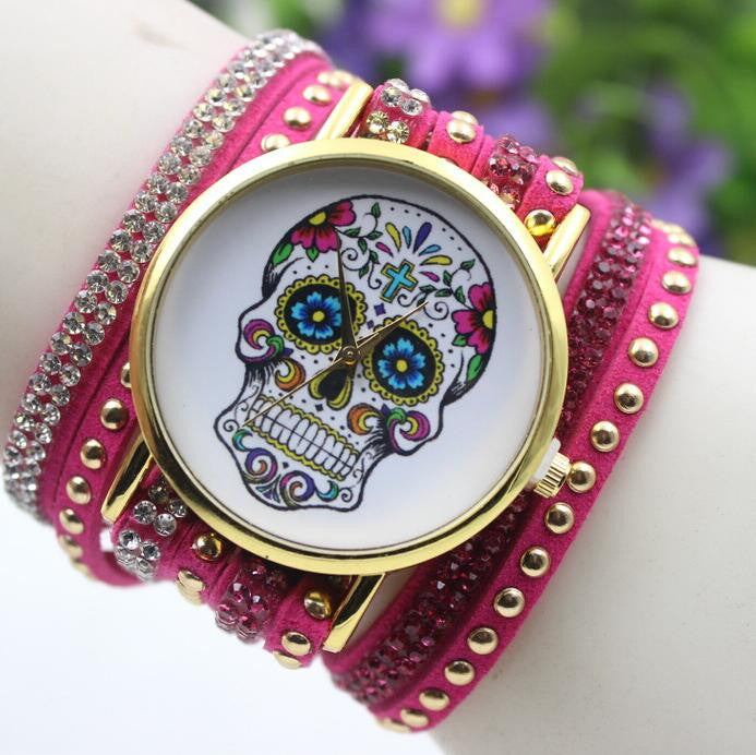 Beautiful Flower Skull Lint Bracelet Watch