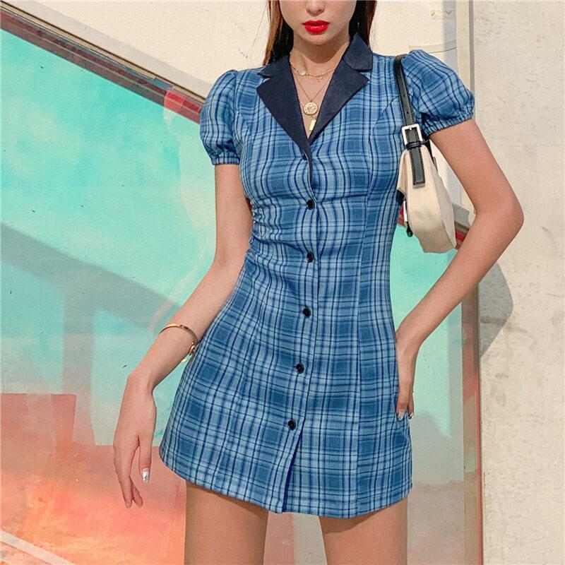 Tight Lapel Plaid Short Dress