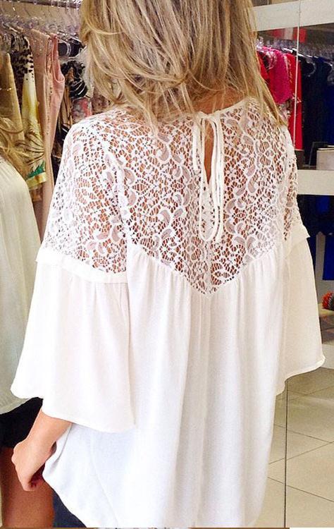 Hollow Lace Patchwork Casual Loose 3/4 Sleeves Chiffon Blouse