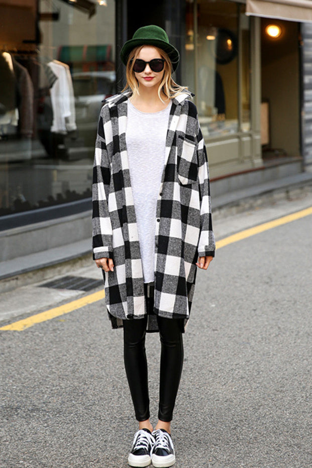 Plaid Button Loose Long Blouse