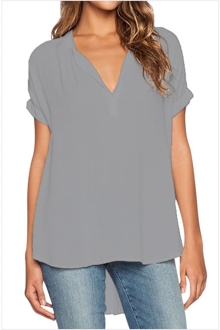 V-neck Pure Color Short Sleeves Loose Chiffon Blouse