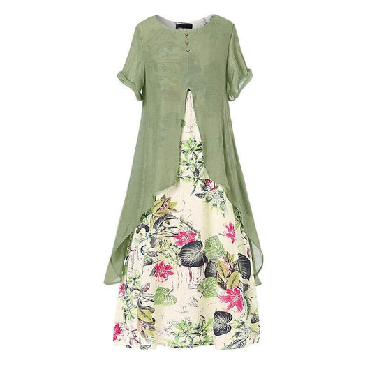 Vintage Short Sleeve Floral Large Hem Long Dress