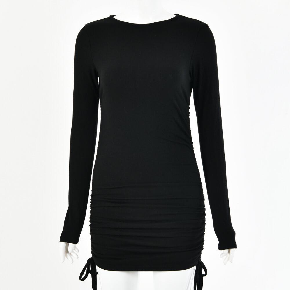 Long Sleeve Soild Drawing Short Dress