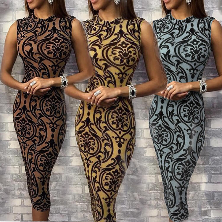 Tight Printed Sleeveless Crew Neck Midi Dress