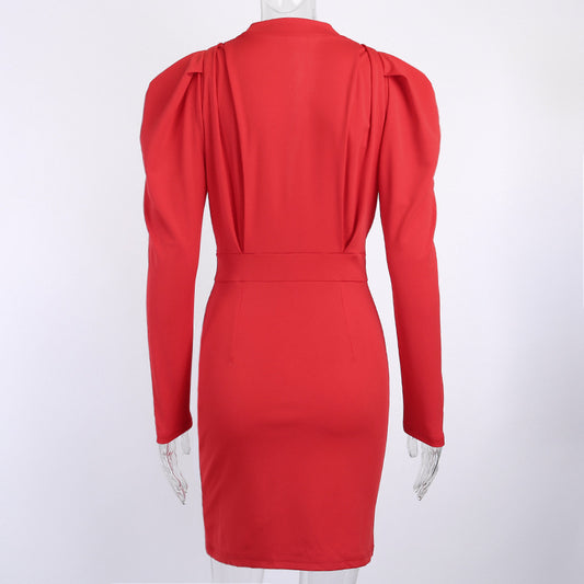 V Neck High Waist Ruched Bodycon Dress