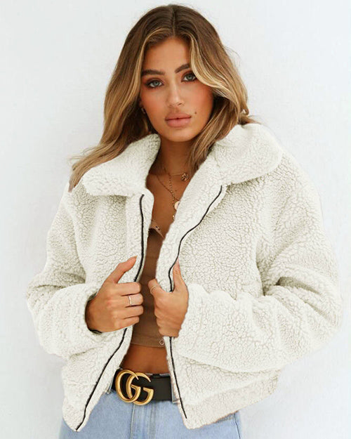 Lapel Zipper Solid Color Women Cropped Faux Fur Teddy Coat