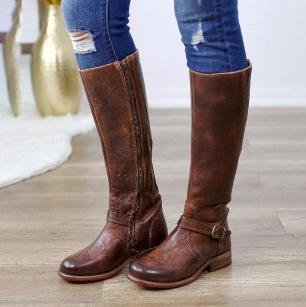 Retro Long Zipper Leather Vintage Boots