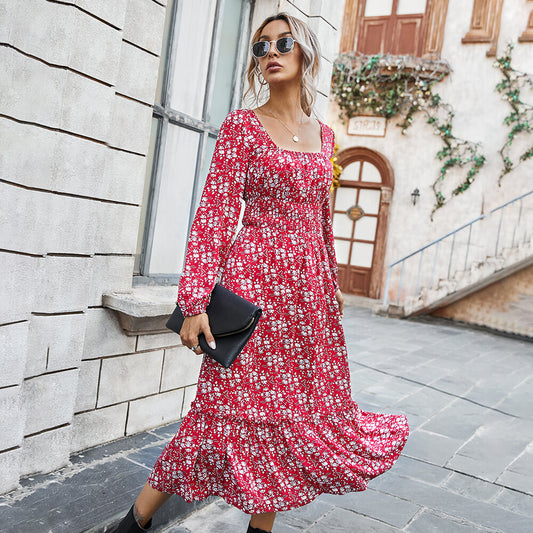 Retro Square Neck Floral Long Dress