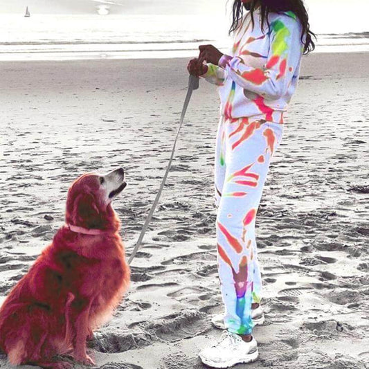 Casual White Tie Dye Loose High Waist Long Sleeve Two Pieces Set