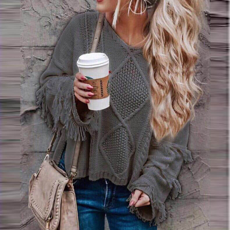 Fashion V Neck Fringe Pattern Knitting Sweater