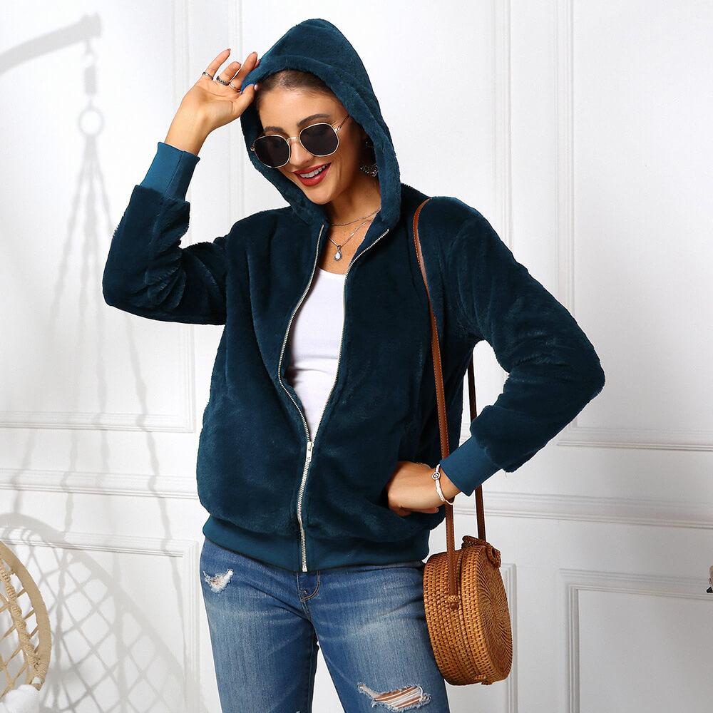 Faux Fur Hooded Zipper Jacket