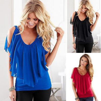 Pure Color Russles Bear Shoulder V-neck Blouse