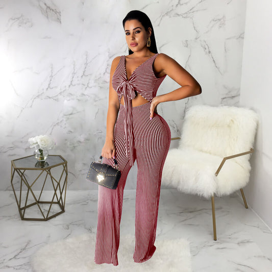 Stripe Wide Leg Backless Summer Jumpsuits