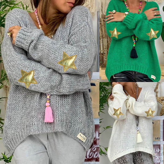 V Neck Stars Pattern Knit Sweater