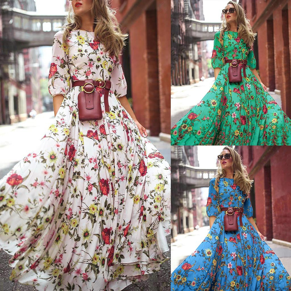 Short Sleeve Floral High Waist Boho Dress