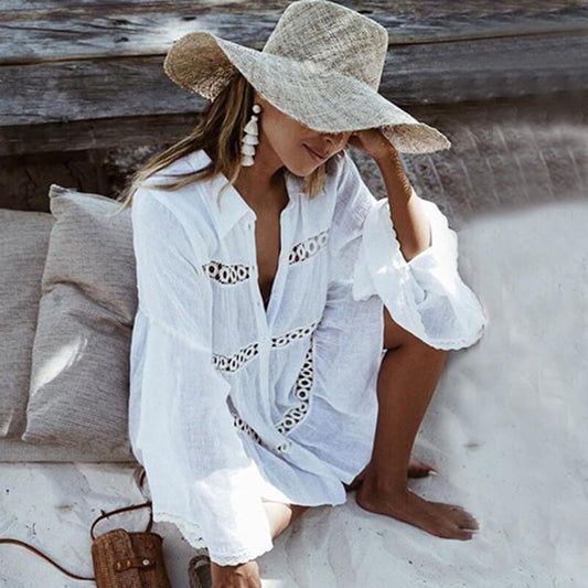 White Hollow Out Short Shirt Dress