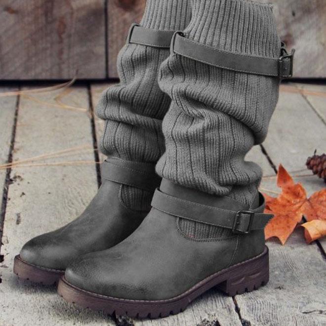 Knitted Mid Calf Buckled Sweet Boots