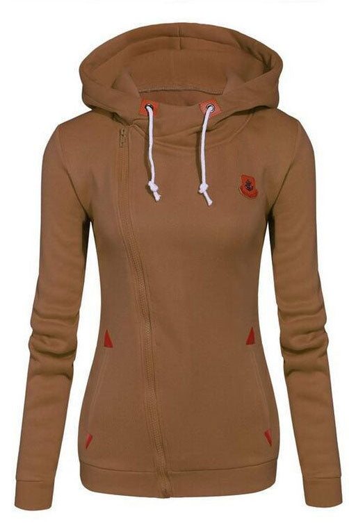 Side Zipper High Neck Drawstring Candy Color Slim Hoodie