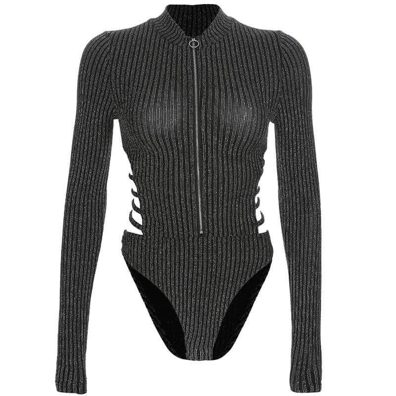 Zipper Open Back Long Sleeves Women Bodysuit