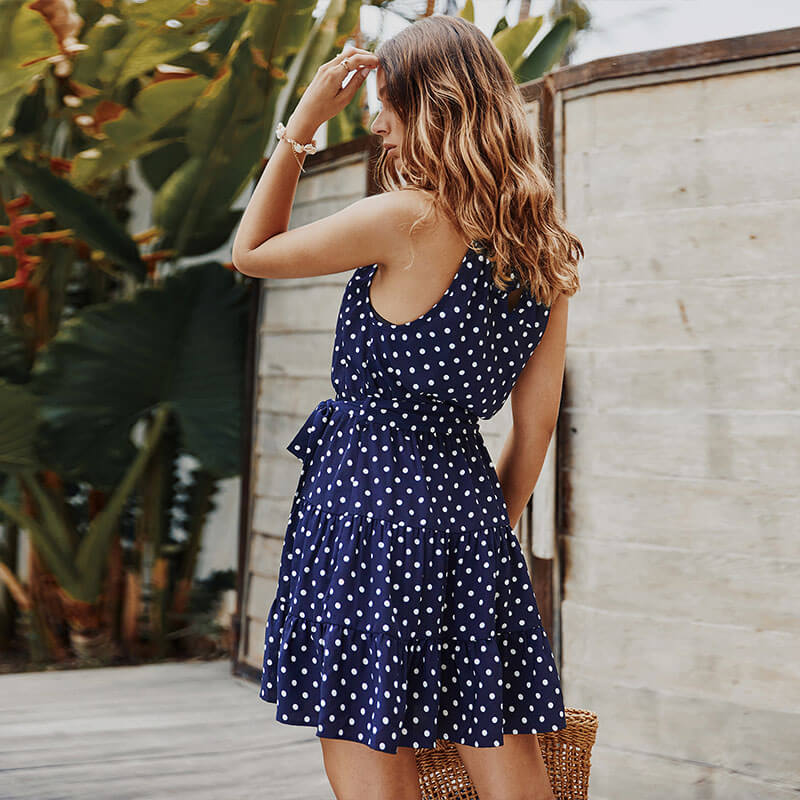 Sleeveless Tie Waist Polka Dots Short Dress