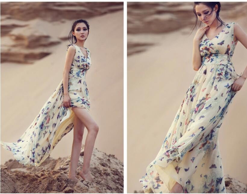 Beautiful Scoop Sleeveless Print Long Pleated Chiffon Dress