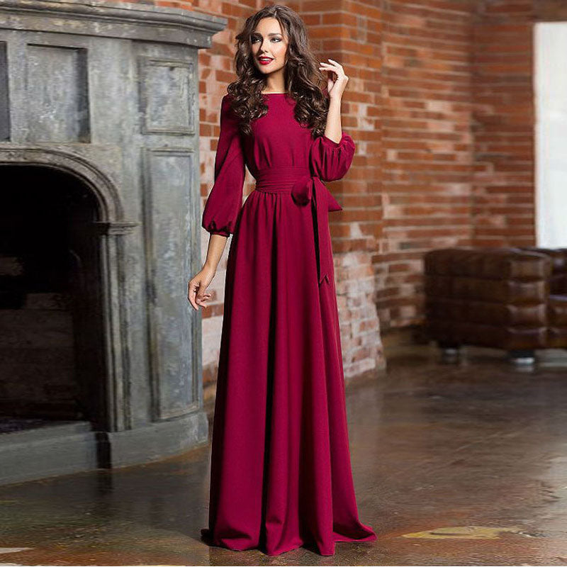 Vintage Lantern Sleeve Pleated Maxi Dress