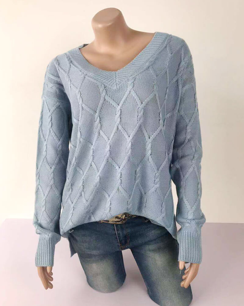 V-Neck Cable Knit Long Sleeve Women Sweater