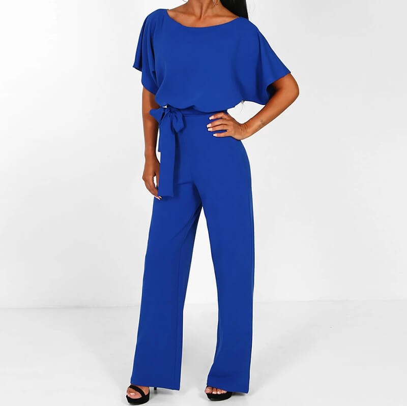 Short Sleeves Belt Wide Leg Jumpsuit