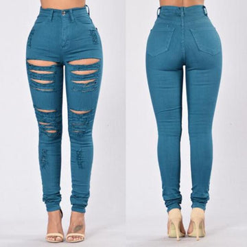 High Waist Pure Color Rips Slim Long Jeans