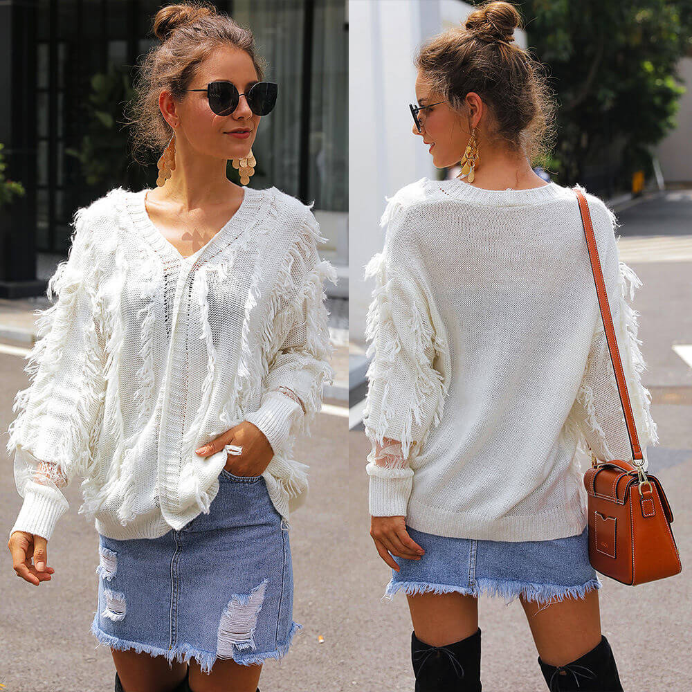 V-Neck Lace Tassel Long Sleeve Women Sweater