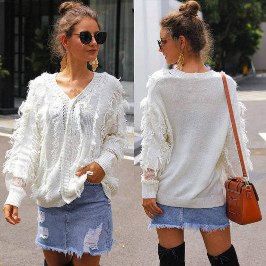 V-Neck Lace Tassel Long Sleeve Women Sweater