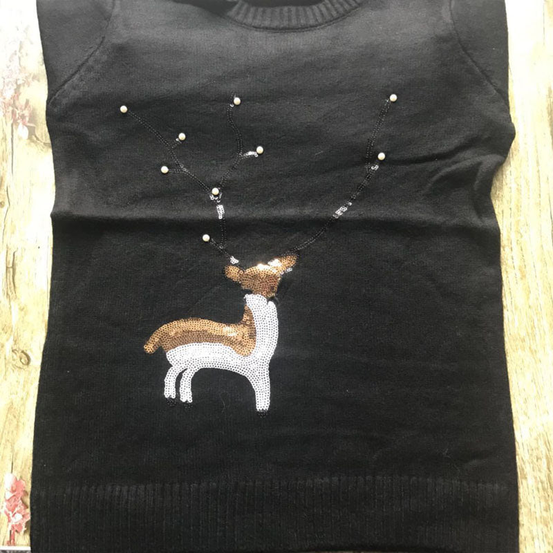 Sequin Bead Reindeer Christmas Sweater