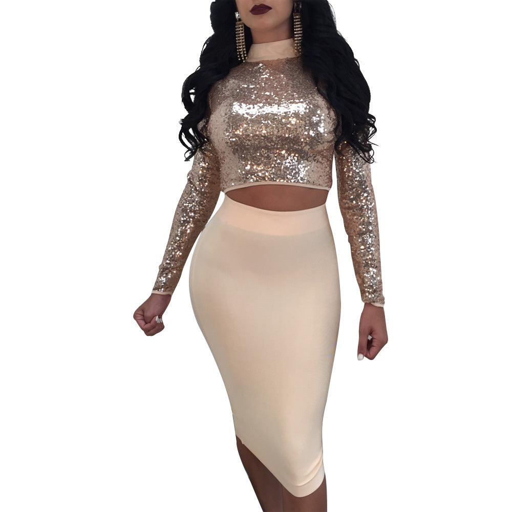Sequins High Neck Lace Up Crop Top with Bodycon Knee-length Skirt Dress Set